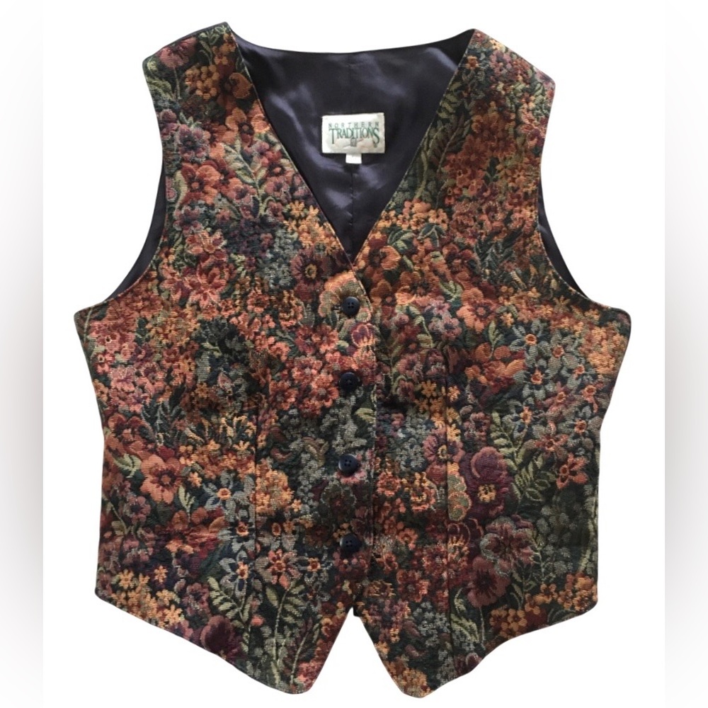 Vintage Floral Tapestry Vest Womens 90s Cottagecore Dark Academia Button Up S